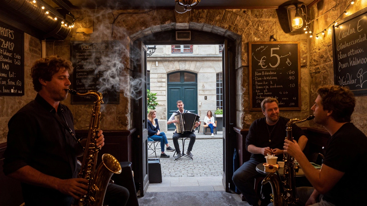 Dim jazz club in Belleville with saxophone player, chalkboard menu, and open door revealing a courtyard accordionist.
