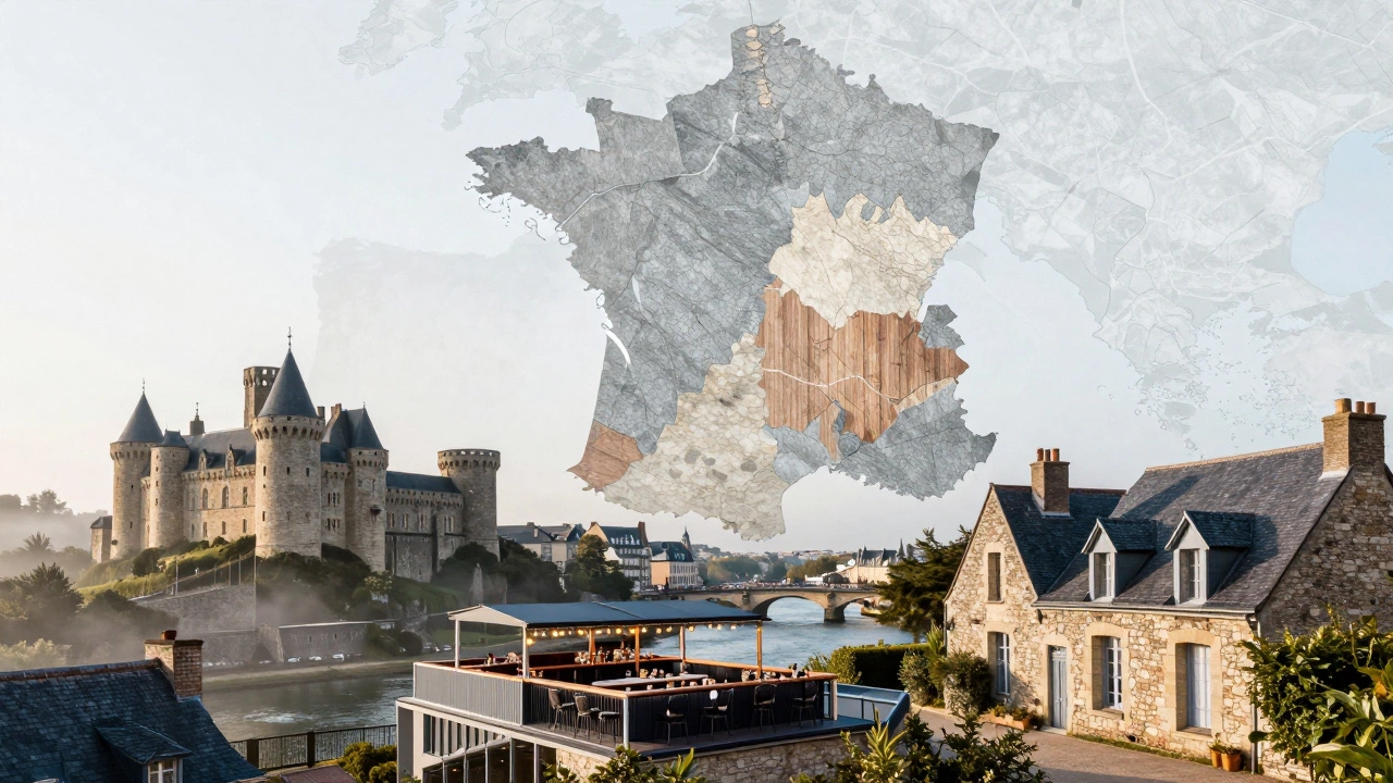Split landscape showing Brittany castles, Provence farmhouses, and Paris rooftop bar, with translucent regional map overlay.